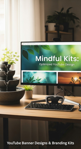 A serene workspace with a fountain and a monitor displaying a mindfulness channel kit overlay text M.jpg