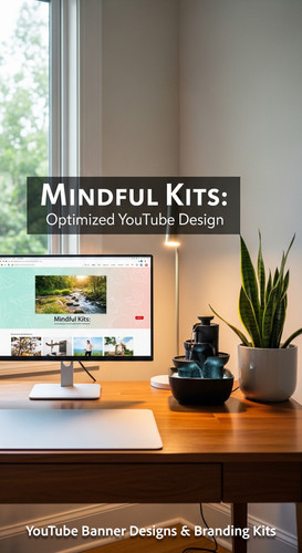 A serene workspace with a fountain and a monitor displaying a mindfulness channel kit overlay text M.jpg
