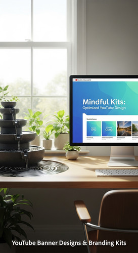 A serene workspace with a fountain and a monitor displaying a mindfulness channel kit overlay text M.jpg