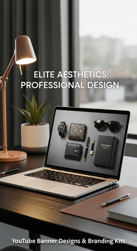 A highend desk with a laptop displaying a cohesive luxury lifestyle kit overlay text Elite Aesthetic.jpg