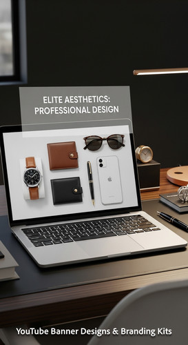 A highend desk with a laptop displaying a cohesive luxury lifestyle kit overlay text Elite Aesthetic.jpg