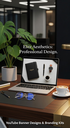A highend desk with a laptop displaying a cohesive luxury lifestyle kit overlay text Elite Aesthetic.jpg