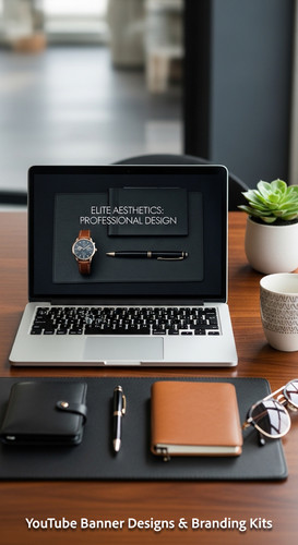 A highend desk with a laptop displaying a cohesive luxury lifestyle kit overlay text Elite Aesthetic.jpg