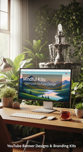 A serene workspace with a fountain and a monitor displaying a mindfulness channel kit overlay text M.jpg
