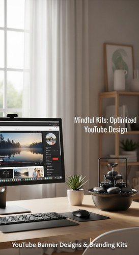 A serene workspace with a fountain and a monitor displaying a mindfulness channel kit overlay text M.jpg