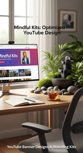 A serene workspace with a fountain and a monitor displaying a mindfulness channel kit overlay text M.jpg