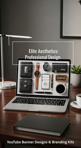 A highend desk with a laptop displaying a cohesive luxury lifestyle kit overlay text Elite Aesthetic.jpg