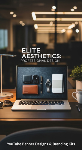 A highend desk with a laptop displaying a cohesive luxury lifestyle kit overlay text Elite Aesthetic.jpg