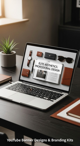 A highend desk with a laptop displaying a cohesive luxury lifestyle kit overlay text Elite Aesthetic.jpg