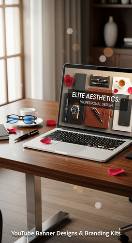 A highend desk with a laptop displaying a cohesive luxury lifestyle kit overlay text Elite Aesthetic.jpg