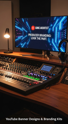 A modern studio desk with a mixing board and a monitor displaying a producer channel banner overlay .jpg