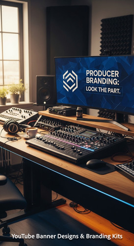 A modern studio desk with a mixing board and a monitor displaying a producer channel banner overlay .jpg