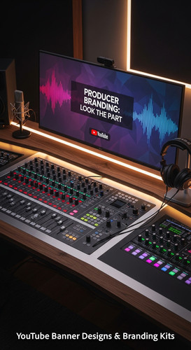 A modern studio desk with a mixing board and a monitor displaying a producer channel banner overlay .jpg