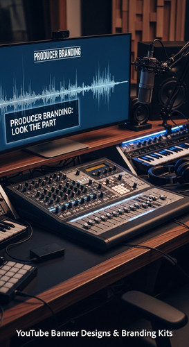 A modern studio desk with a mixing board and a monitor displaying a producer channel banner overlay .jpg
