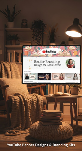 A cozy reading nook with a screen displaying a cohesive Booktube channel kit overlay text Reader Bra.jpg
