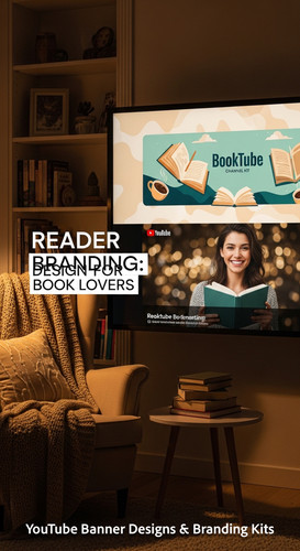 A cozy reading nook with a screen displaying a cohesive Booktube channel kit overlay text Reader Bra.jpg