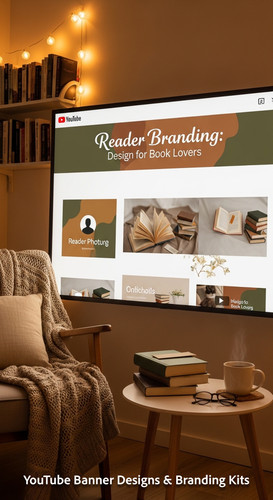A cozy reading nook with a screen displaying a cohesive Booktube channel kit overlay text Reader Bra.jpg