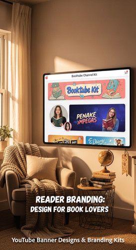 A cozy reading nook with a screen displaying a cohesive Booktube channel kit overlay text Reader Bra.jpg