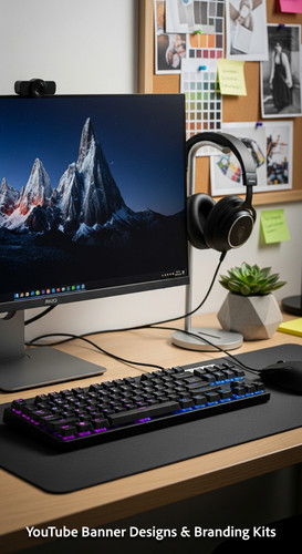 A graphic designers desk with sketchpads and a monitor showing a portfolio channel art overlay text .jpg