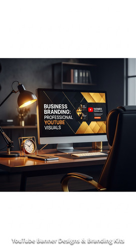 A highcontrast workspace with gold accents a screen displaying a business channel art overlay text B.jpg