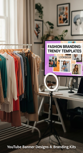 A fashion vloggers studio with a clothes rack and a monitor showing a lookbook banner overlay text F.jpg