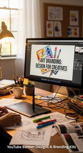 A graphic artists workspace a monitor showing a drawing tutorial thumbnail overlay text Art Branding.jpg