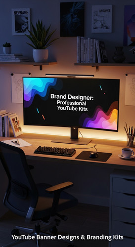 A graphic design studio a monitor displaying a branding portfolio channel art overlay text Brand Des.jpg