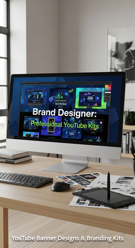 A graphic design studio a monitor displaying a branding portfolio channel art overlay text Brand Des.jpg