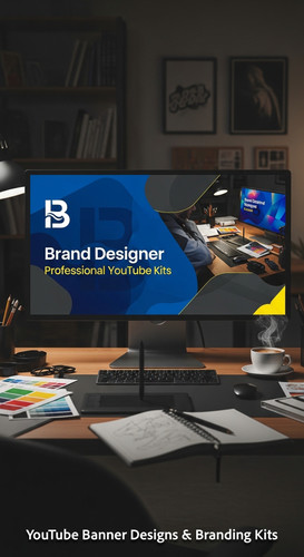 A graphic design studio a monitor displaying a branding portfolio channel art overlay text Brand Des.jpg