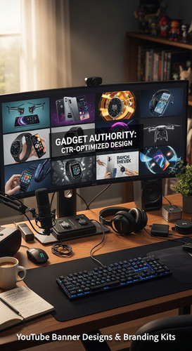 A tech reviewers desk with gadgets and a monitor showing a gadget review thumbnail grid overlay text.jpg
