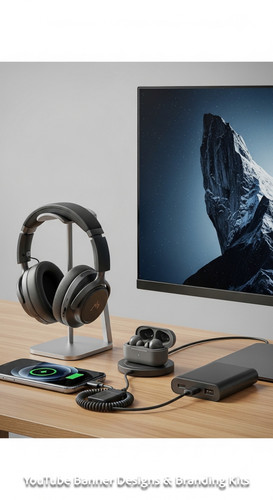 A tech reviewers desk with gadgets and a monitor showing a gadget review thumbnail grid overlay text.jpg