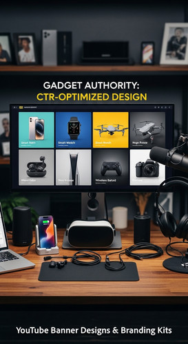 A tech reviewers desk with gadgets and a monitor showing a gadget review thumbnail grid overlay text.jpg