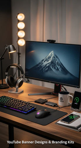 A tech reviewers desk with gadgets and a monitor showing a gadget review thumbnail grid overlay text.jpg