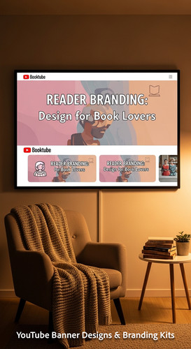 A cozy reading nook with a screen displaying a cohesive Booktube channel kit overlay text Reader Bra.jpg