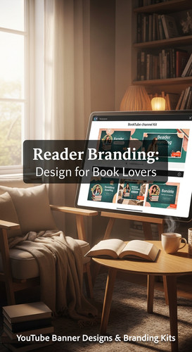 A cozy reading nook with a screen displaying a cohesive Booktube channel kit overlay text Reader Bra.jpg