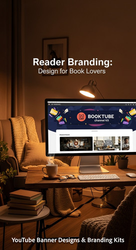 A cozy reading nook with a screen displaying a cohesive Booktube channel kit overlay text Reader Bra.jpg