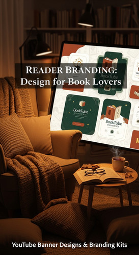 A cozy reading nook with a screen displaying a cohesive Booktube channel kit overlay text Reader Bra.jpg
