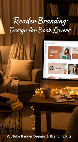 A cozy reading nook with a screen displaying a cohesive Booktube channel kit overlay text Reader Bra.jpg