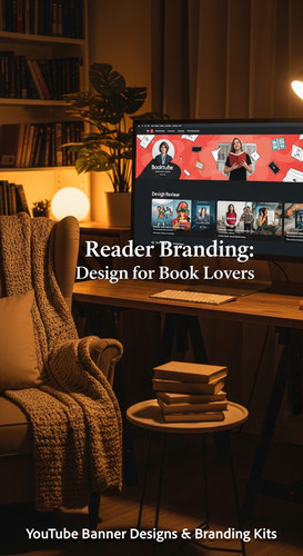 A cozy reading nook with a screen displaying a cohesive Booktube channel kit overlay text Reader Bra.jpg