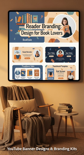 A cozy reading nook with a screen displaying a cohesive Booktube channel kit overlay text Reader Bra.jpg