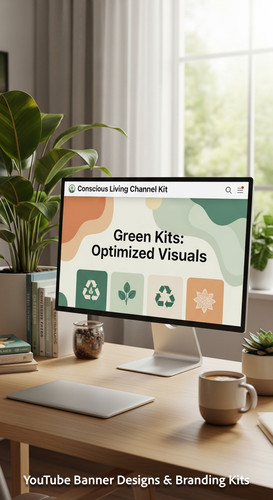 A serene workspace with plants and a monitor displaying a conscious living channel kit overlay text .jpg