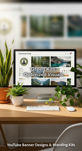 A serene workspace with plants and a monitor displaying a conscious living channel kit overlay text .jpg
