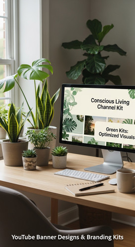 A serene workspace with plants and a monitor displaying a conscious living channel kit overlay text .jpg
