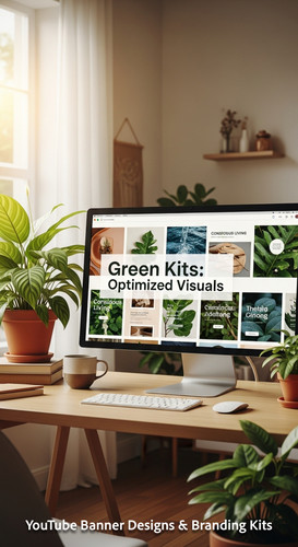 A serene workspace with plants and a monitor displaying a conscious living channel kit overlay text .jpg
