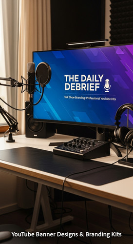 A modern studio desk with a microphone and a monitor displaying a talk show banner overlay text Talk.jpg