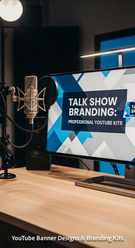 A modern studio desk with a microphone and a monitor displaying a talk show banner overlay text Talk.jpg