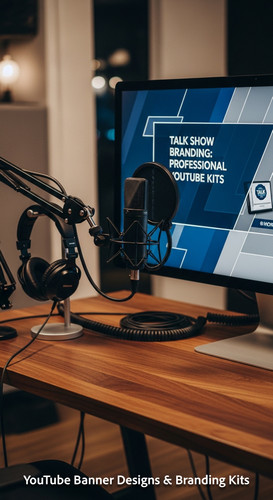 A modern studio desk with a microphone and a monitor displaying a talk show banner overlay text Talk.jpg