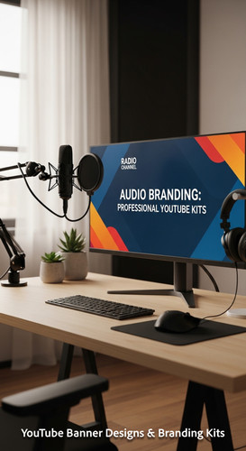 A modern studio desk with a microphone and a monitor displaying a radio channel banner overlay text .jpg
