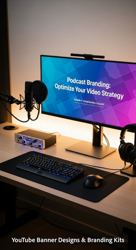 A modern studio desk with a microphone and a monitor displaying a podcast banner overlay text Podcas.jpg