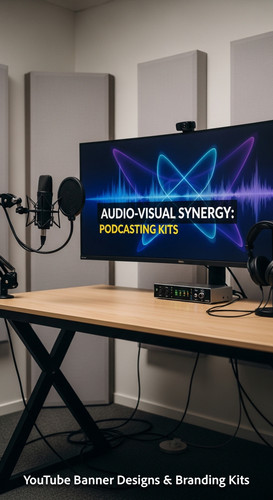 A modern studio desk with a microphone and a monitor displaying a podcast channel banner overlay tex.jpg